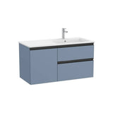 Mueble Base Asimétrico con Lavabo a la Derecha 2 Cajones y Puerta Azul Mate 100x46x53cm Colección The Gap Roca
