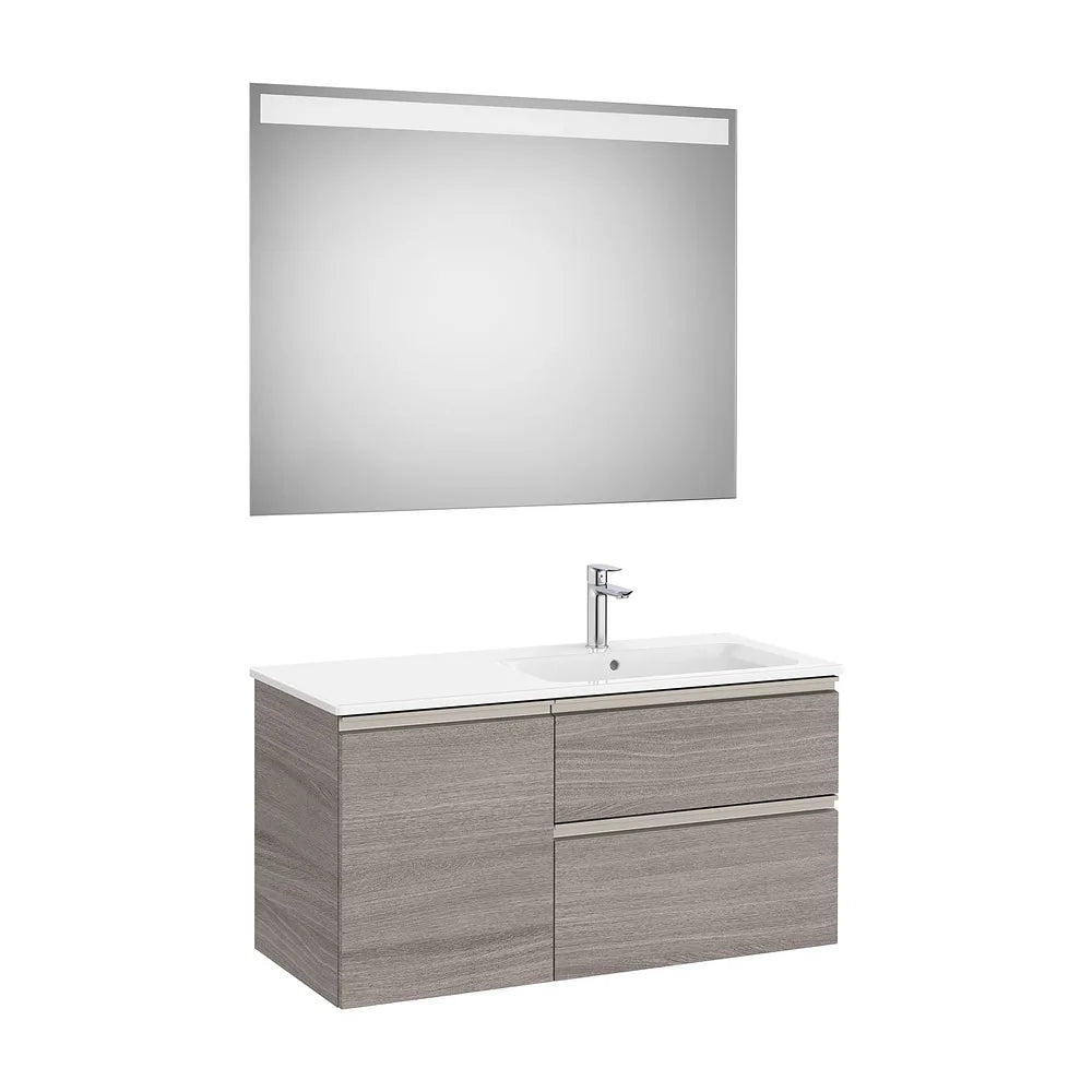 Pack mueble base asimétrico dos cajones una puerta lavabo derecha espejo LED 100x46x53 cm Roca - Vista 2