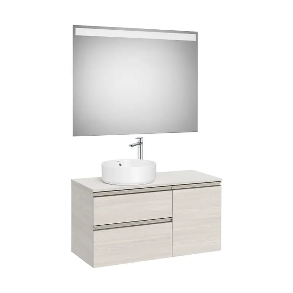 Pack mueble base asimétrico dos cajones una puerta lavabo sobre encimera izquierda espejo LED Roca - Vista 1