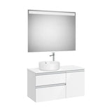 Mueble Base Asimétrico 2 Cajones Una Puerta Lavabo Sobre Encimera Izquierda Espejo Led Colección The Gap Roca