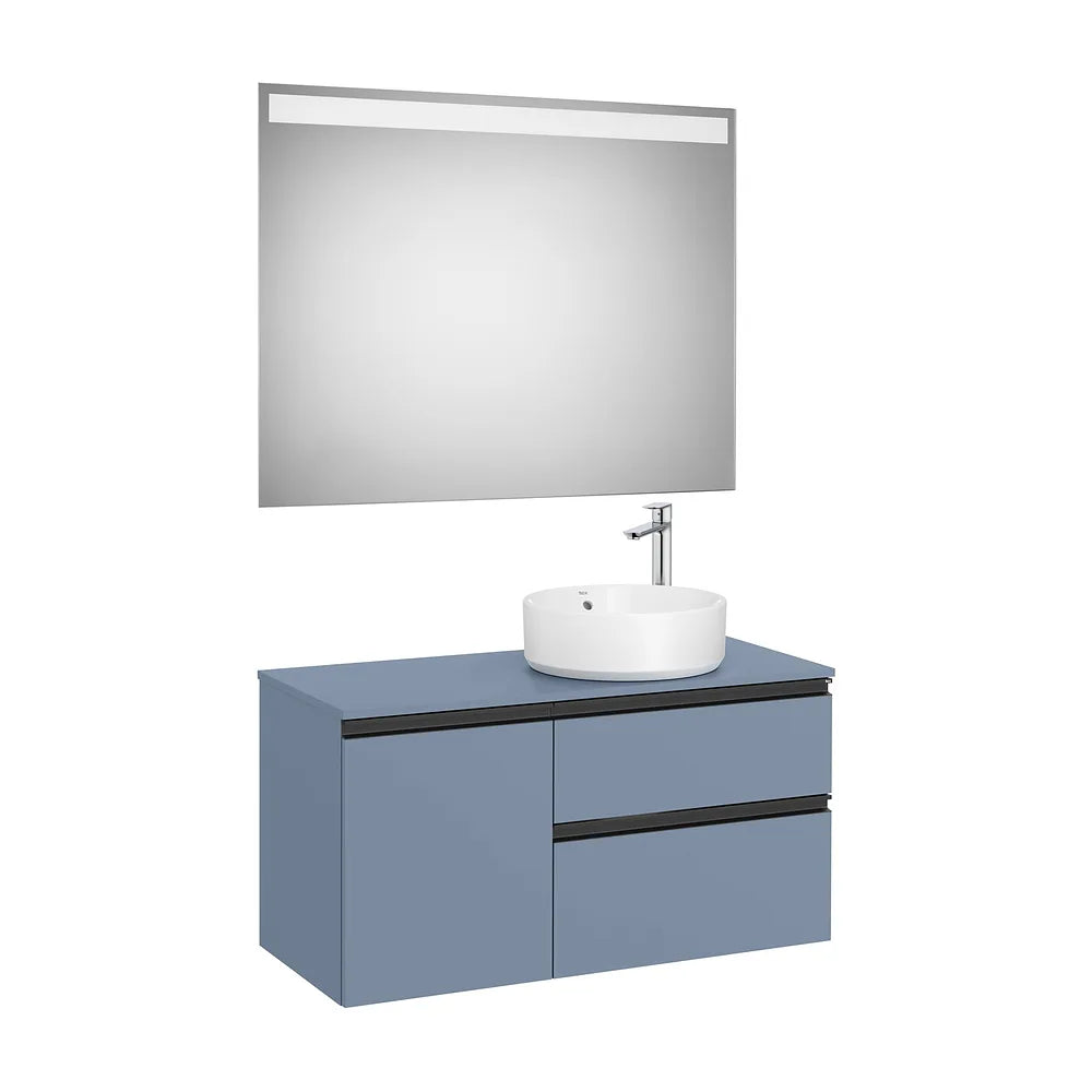 Pack mueble base con dos cajones y una puerta lavabo sobre encimera derecha con espejo LED Roca - Vista 2