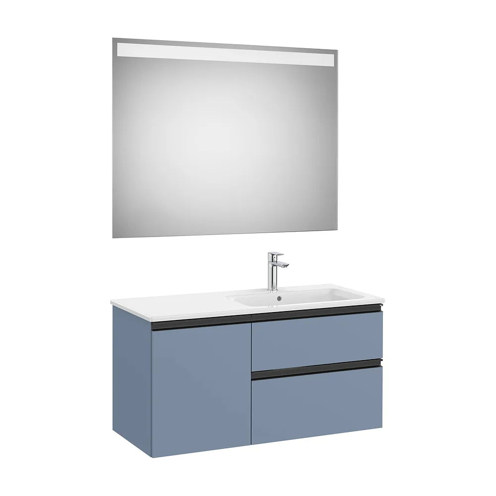 Pack mueble base asimétrico dos cajones una puerta lavabo derecha espejo LED 100x46x53 cm Roca - Vista 2