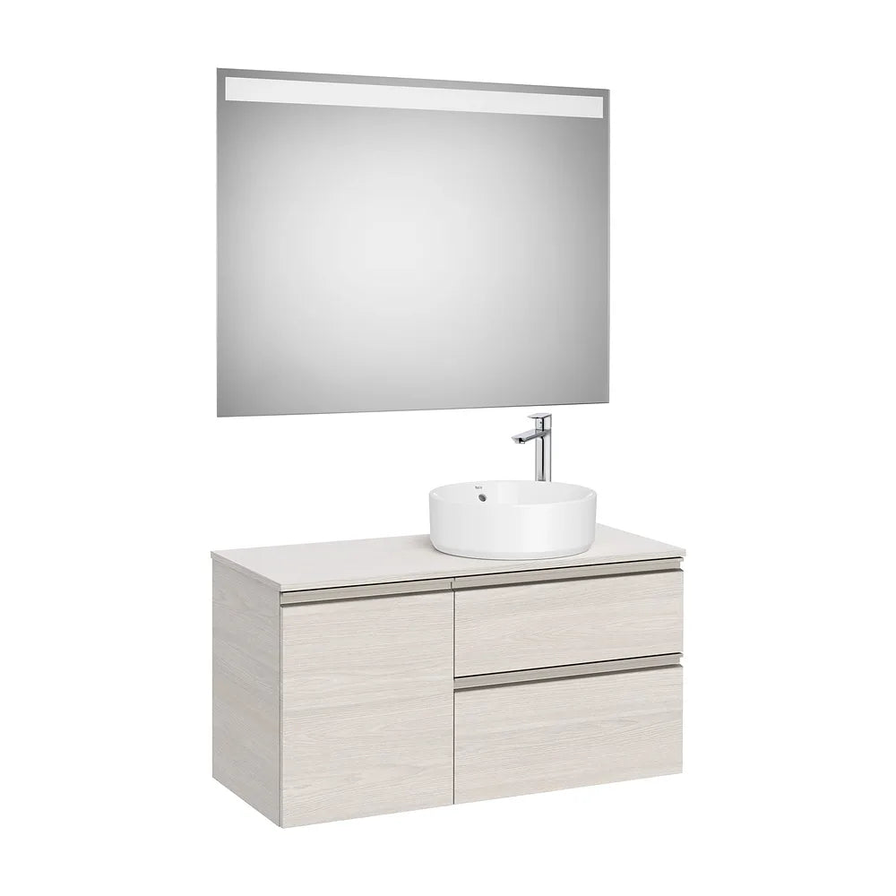 Pack mueble base con dos cajones y una puerta para lavabo sobre encimera derecha y espejo LED Roca - Vista 2