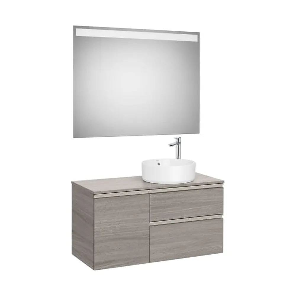 Pack mueble base con dos cajones y puerta para lavabo sobre encimera derecha con espejo LED Roca - Vista 1