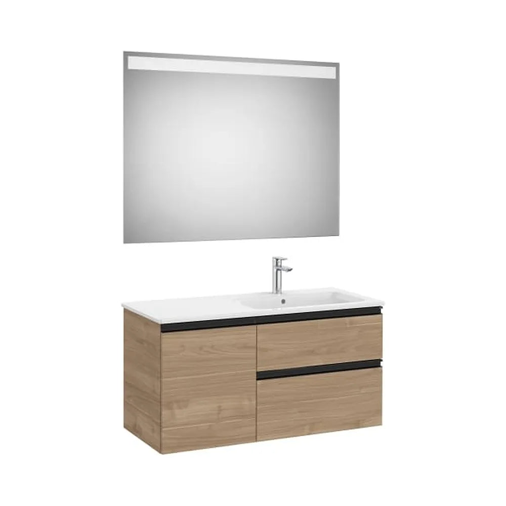 Pack mueble base asimétrico dos cajones una puerta lavabo derecha espejo LED 100x46x53 cm Roca - Vista 1