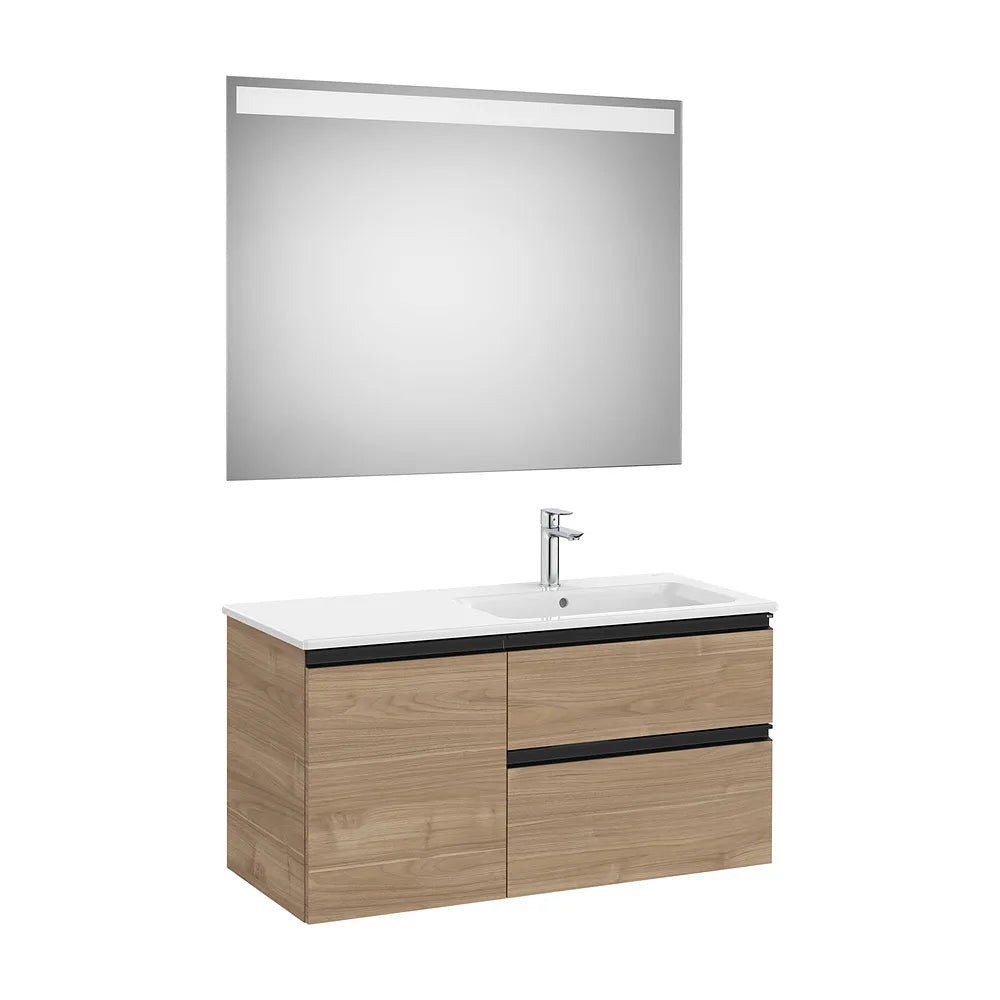 Pack mueble base asimétrico dos cajones una puerta lavabo derecha espejo LED 100x46x53 cm Roca - Vista 2