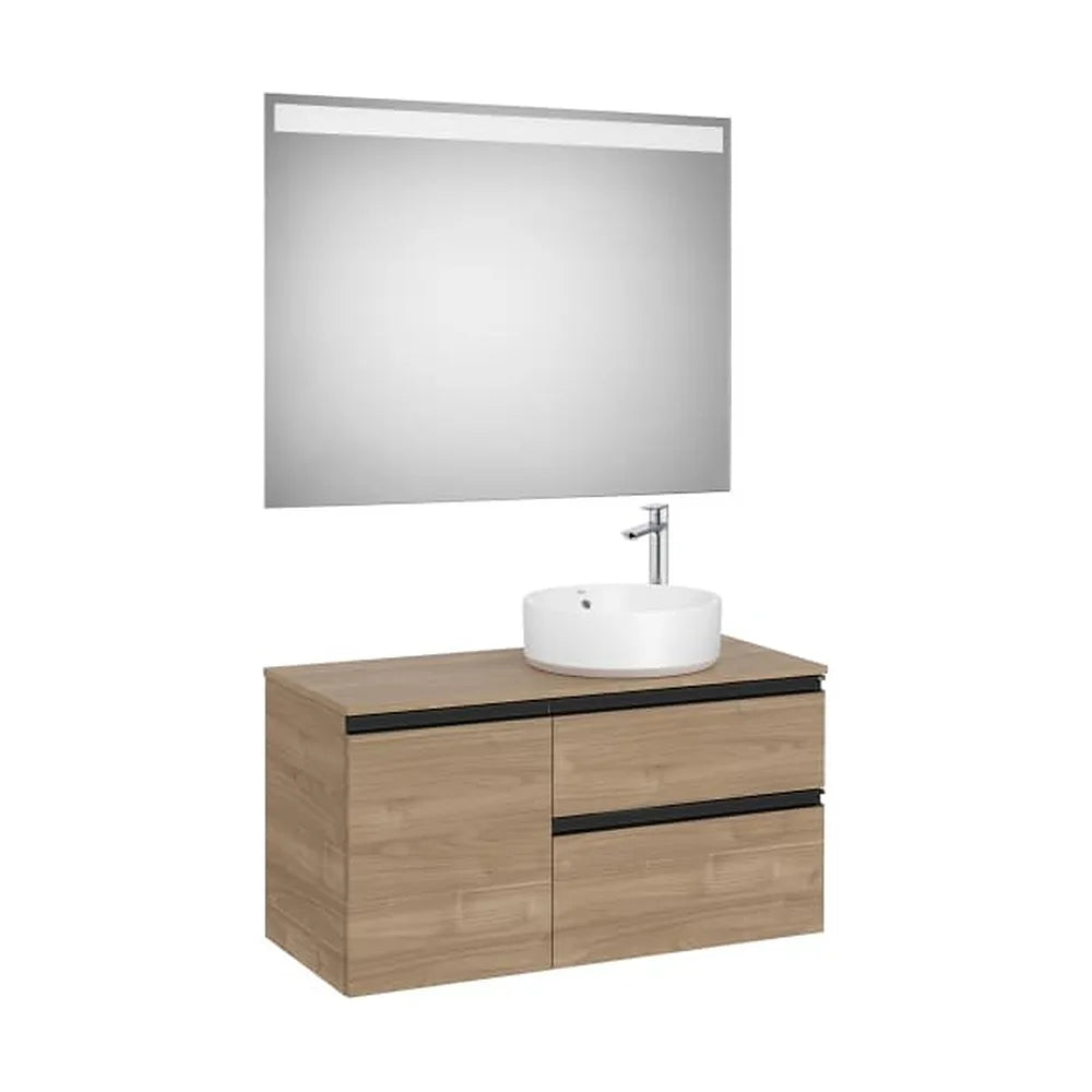 Pack mueble base con dos cajones y puerta lavabo sobre encimera derecha espejo LED Roca - Vista 1