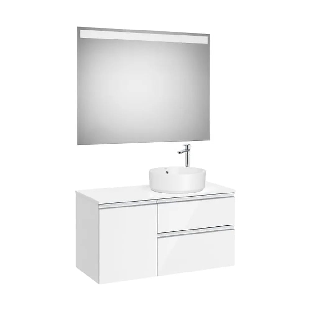 Pack mueble base con dos cajones y puerta lavabo sobre encimera derecha espejo LED Roca - Vista 1