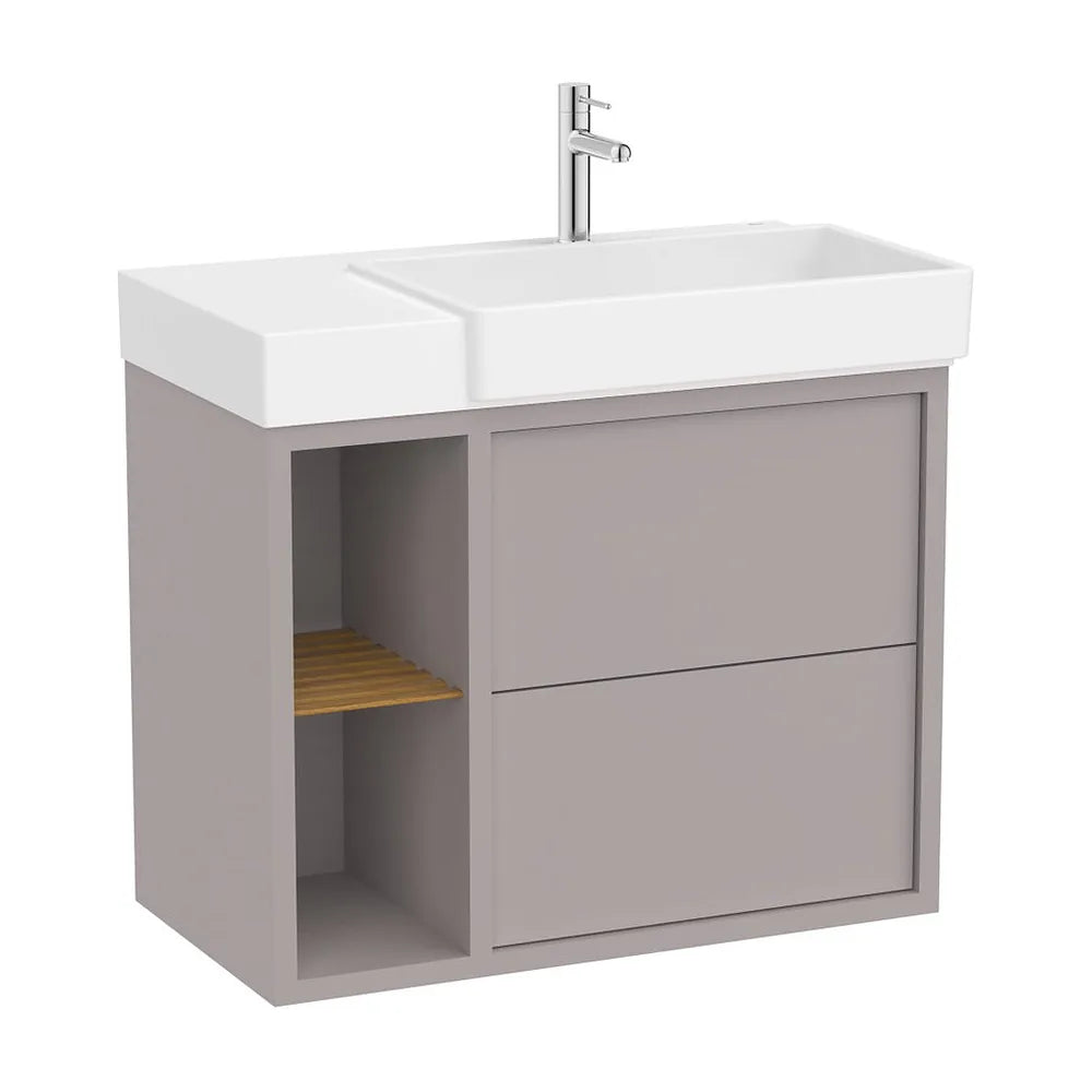 Mueble base asimétrico dos cajones estante lateral abierto lavabo derecha 80x43x60 cm Roca - Vista 2
