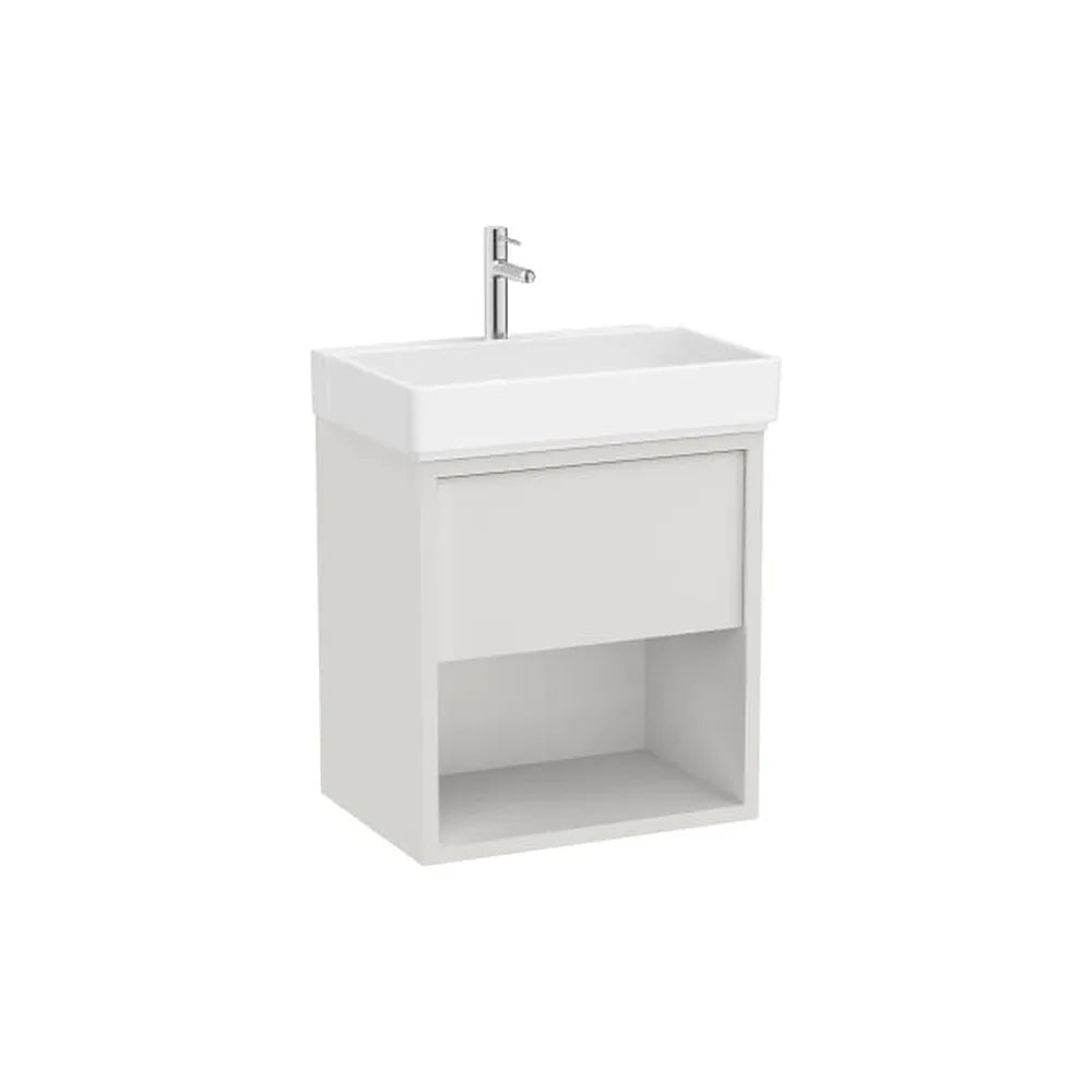 Mueble base suspendido con cajón estante abierto y lavabo con orificio para grifería 60x43x60 cm Roca - Vista 1