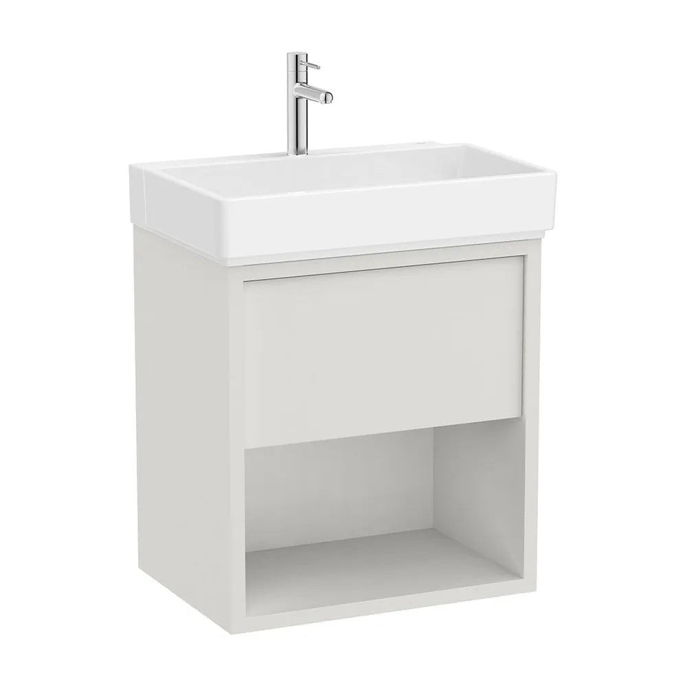 Mueble base suspendido con cajón estante abierto y lavabo con orificio para grifería 60x43x60 cm Roca - Vista 2