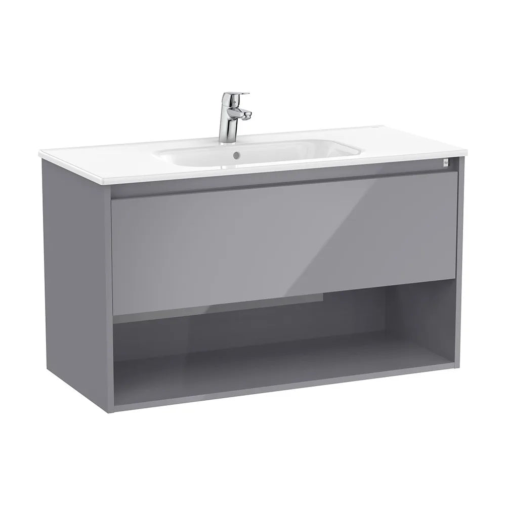 Mueble base suspendido con cajón estante abierto y lavabo porcelana 1005x46x58 cm Roca - Vista 2