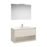 Meuble Bas Tiroir Et Étagère Vasque Céramique Miroir Applique Led Finition Frêne Nordique Tenor 100x90cm Roca