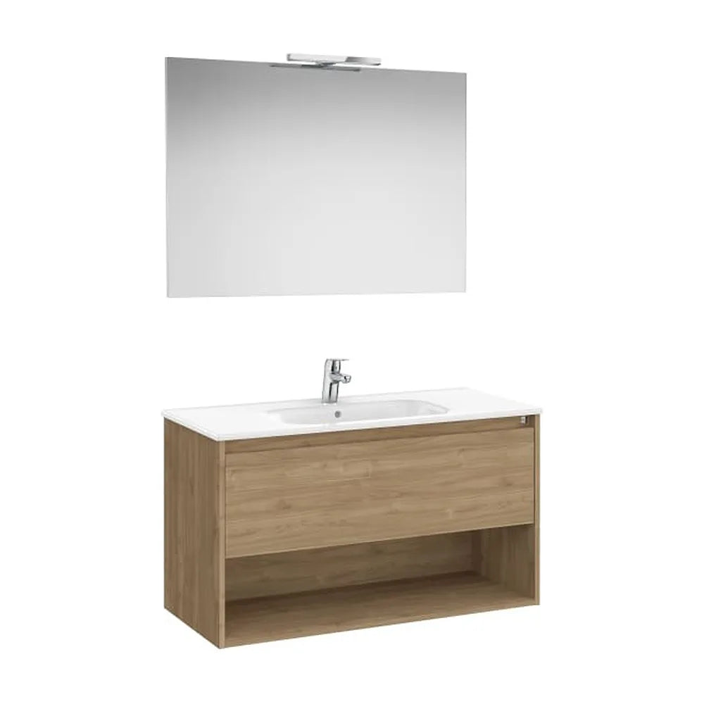Pack mueble base con cajón estante lavabo espejo y aplique LED Nogal Roca - Vista 1