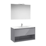Mueble Base con Cajón Estante Lavabo Espejo y Aplique Led Gris Brillo Roca