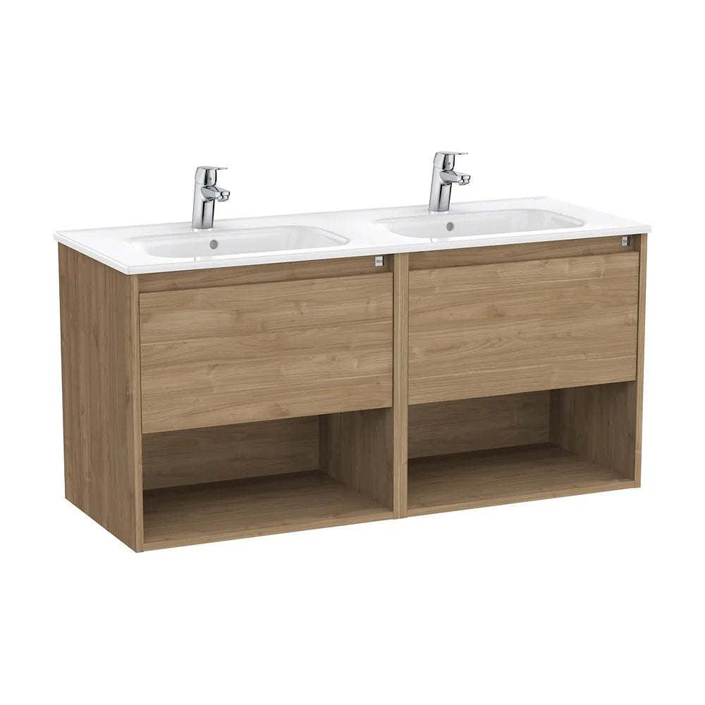 Mueble suspendido con lavabo doble dos cajones y dos estantes abiertos nogal Roca - Vista 2