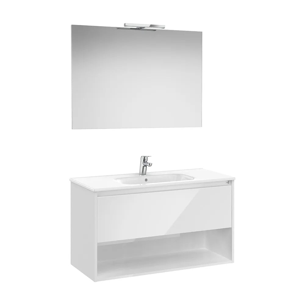 Pack mueble base con cajón estante lavabo espejo y aplique LED 100x46x58 cm Roca - Vista 2