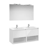 Mueble Base 2 Cajones Dos Estantes Lavabo Doble Espejo Apliques Led Roca