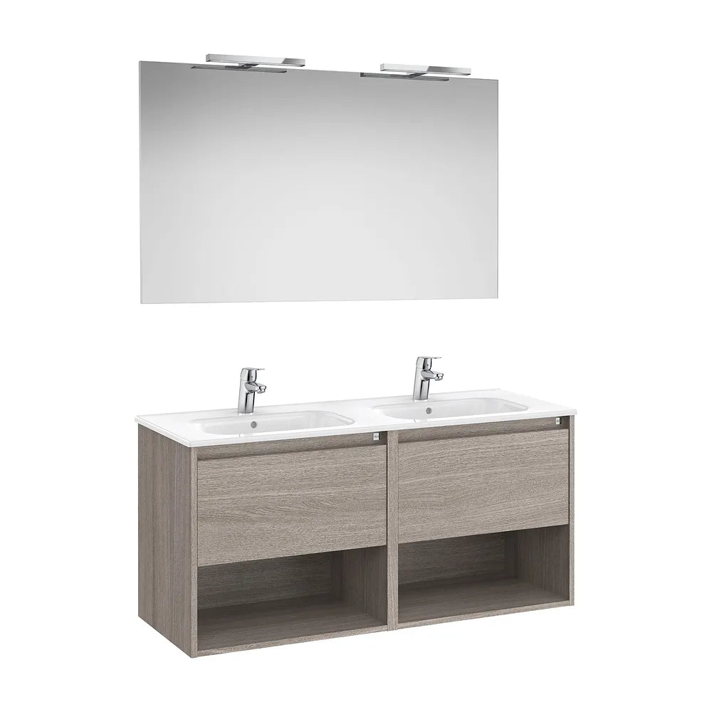Mueble Base 2 Cajones Dos Estantes Lavabo Doble Espejo Apliques Led City Roble Roca - Vista 2