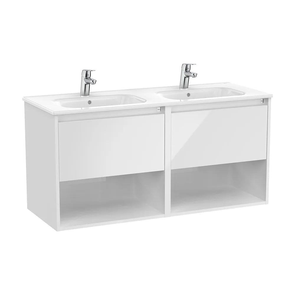 Mueble suspendido con lavabo doble dos cajones y dos estantes abiertos 119x46x58 cm Roca - Vista 2