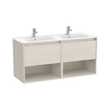 Meuble Suspendu Lavabo Double X 58 Cm Deux Tiroirs Deux Étagères Finition Frêne Nordique Tenor 119x46 cm Roca