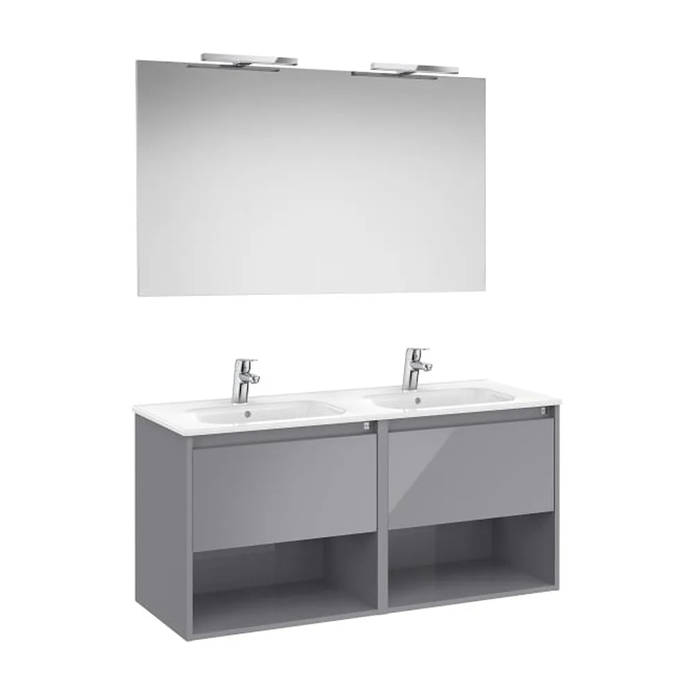 Pack mueble base suspendido dos cajones dos estantes lavabo doble espejo LED Roca - Vista 1