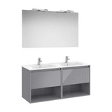 Mueble Base Suspendido 2 Cajones Dos Estantes Lavabo Doble Espejo Led Roca