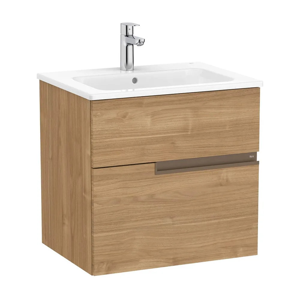 Mueble base suspendido con dos cajones y lavabo porcelana 60x46x58 cm Nogal Roca - Vista 2