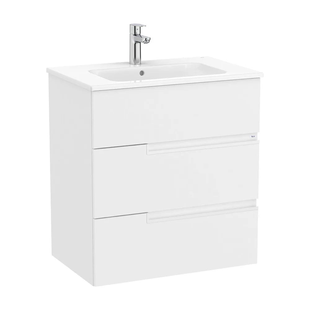 Mueble base suspendido con lavabo de porcelana tres cajones blanco mate Roca - Vista 2