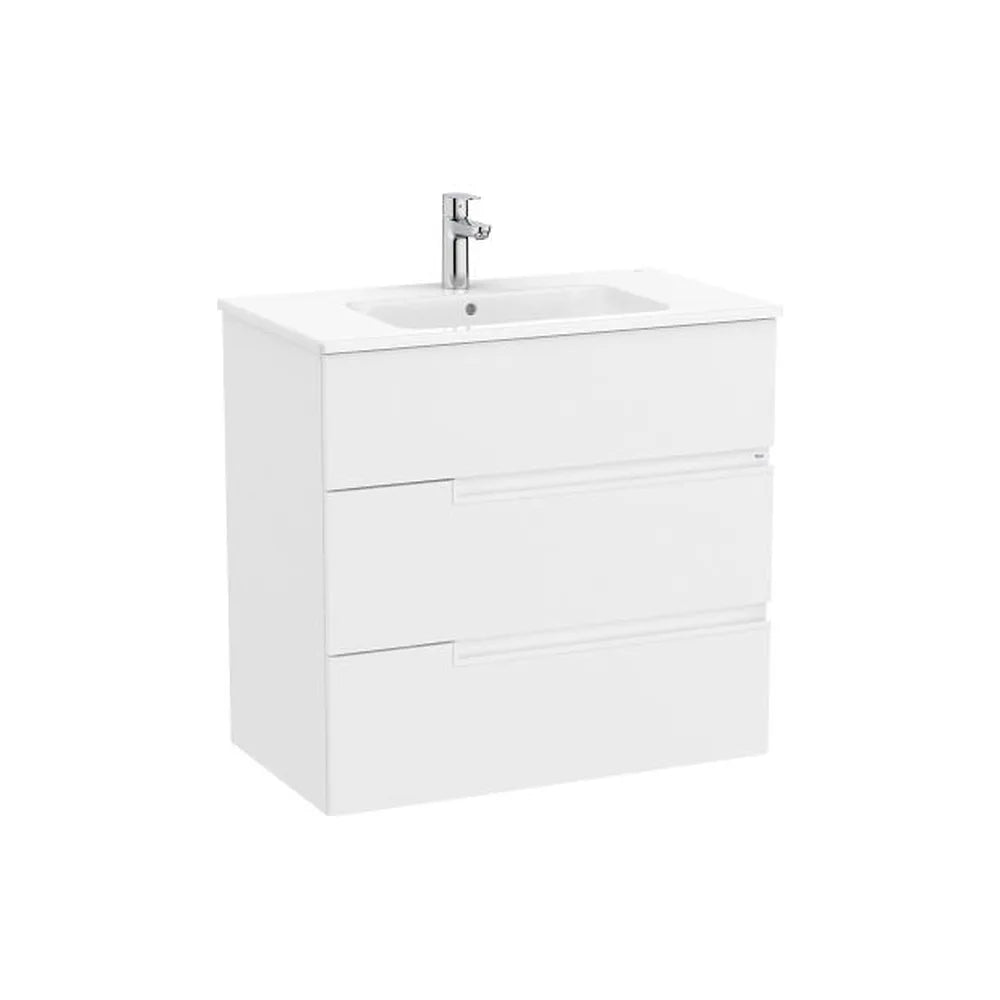 Mueble base suspendido con lavabo porcelana 80x46x75 cm tres cajones blanco mate Roca - Vista 1