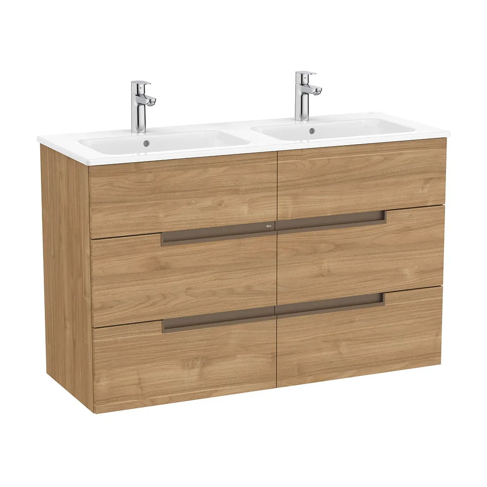 Mueble base suspendido seis cajones lavabo doble porcelana nogal Roca - Vista 2