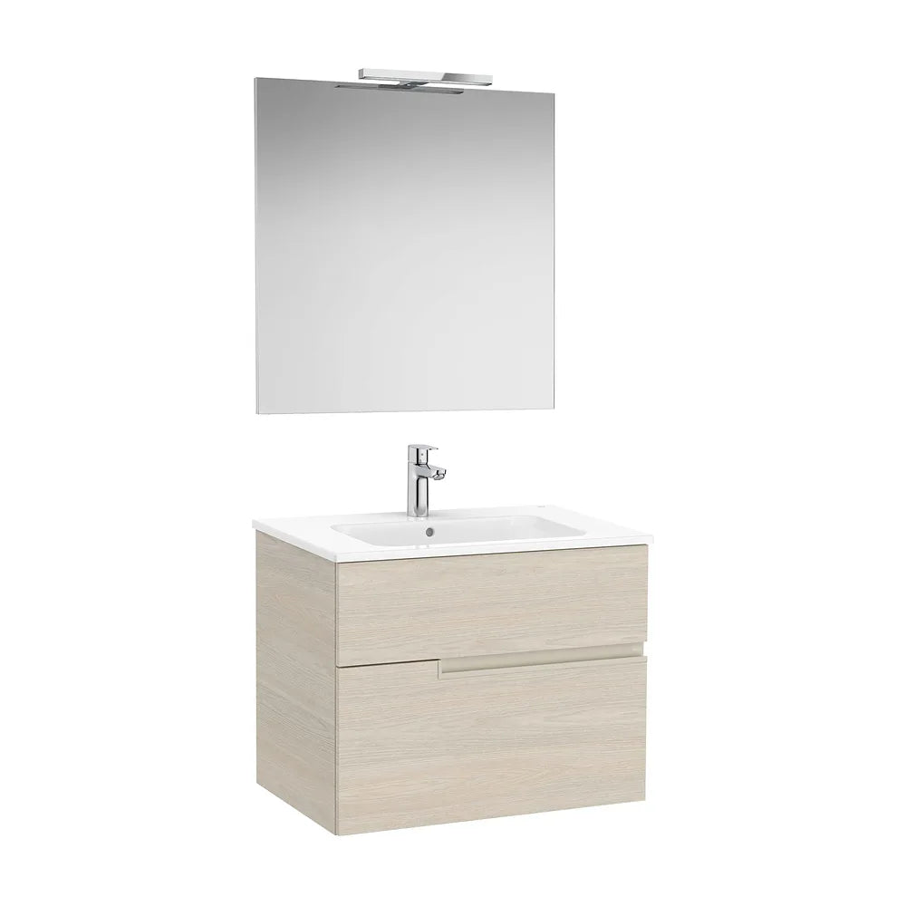 Pack mueble base dos cajones lavabo porcelana espejo aplique LED Starlight Fresno claro Roca - Vista 2