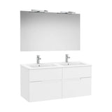 Meuble Lavabo Double Suspendu Quatre Tiroirs Miroir Rectangulaire Éclairage Led Starlight Finition Blanc Mat Colección Victoria Roca