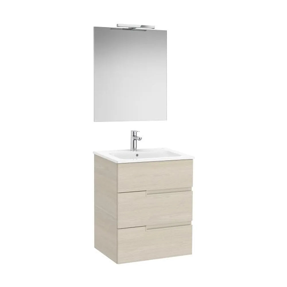 Pack mueble base tres cajones lavabo porcelana espejo LED Starlight 60x46x75 cm Roca - Vista 1