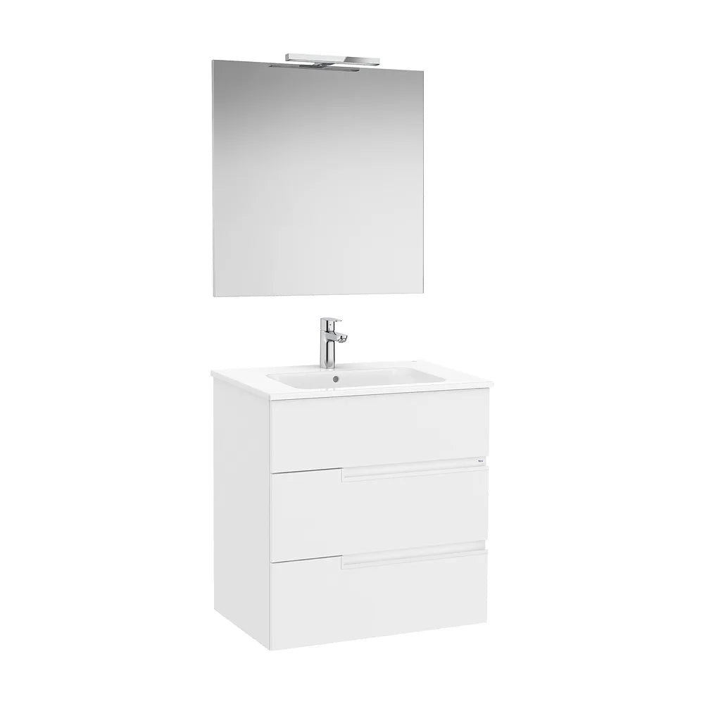 Pack mueble base tres cajones lavabo porcelana espejo aplique LED blanco mate Roca - Vista 2
