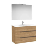 Meuble Sous Vasque Suspendu 3 Tiroirs Avec Lavabo en Porcelaine Miroir Et Applique Led Finition Noyer Colección Victoria Roca