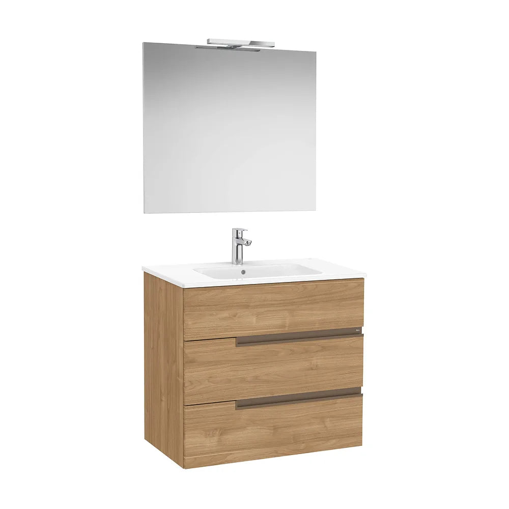 Pack mueble base tres cajones lavabo porcelana espejo aplique LED Starlight nogal Roca - Vista 2