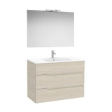 Mueble Base Tres Cajones Lavabo Porcelana Espejo Aplique Led Starlight Fresno Roca