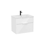 Meuble Bas Suspendu Compact Deux Tiroirs Lavabo Porcelaine Blanc Brillant Avec Rangement Et Fermeture Amortie Roca