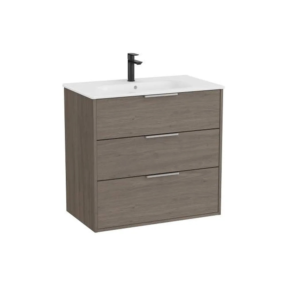Mueble base suspendido tres cajones con lavabo porcelana 80x46x75 cm Roble oscuro Roca - Vista 1
