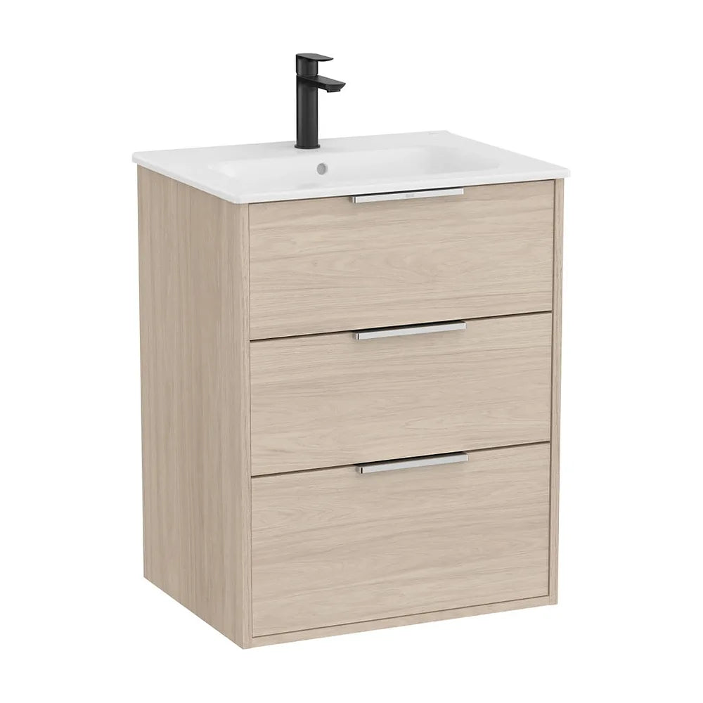 Mueble base suspendido con tres cajones y lavabo de porcelana 60x46x76 cm Roca - Vista 2
