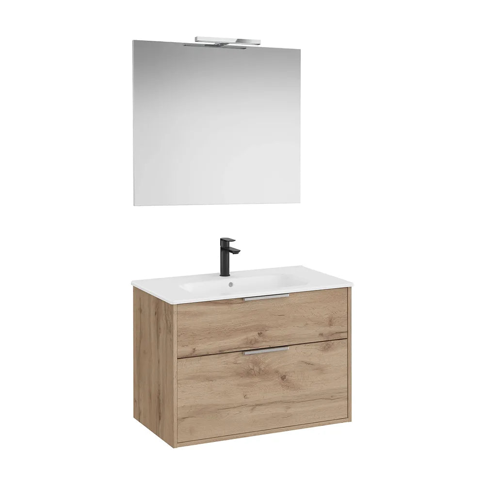 Pack mueble base compacto dos cajones lavabo porcelana espejo aplique led Starlight Roca - Vista 2