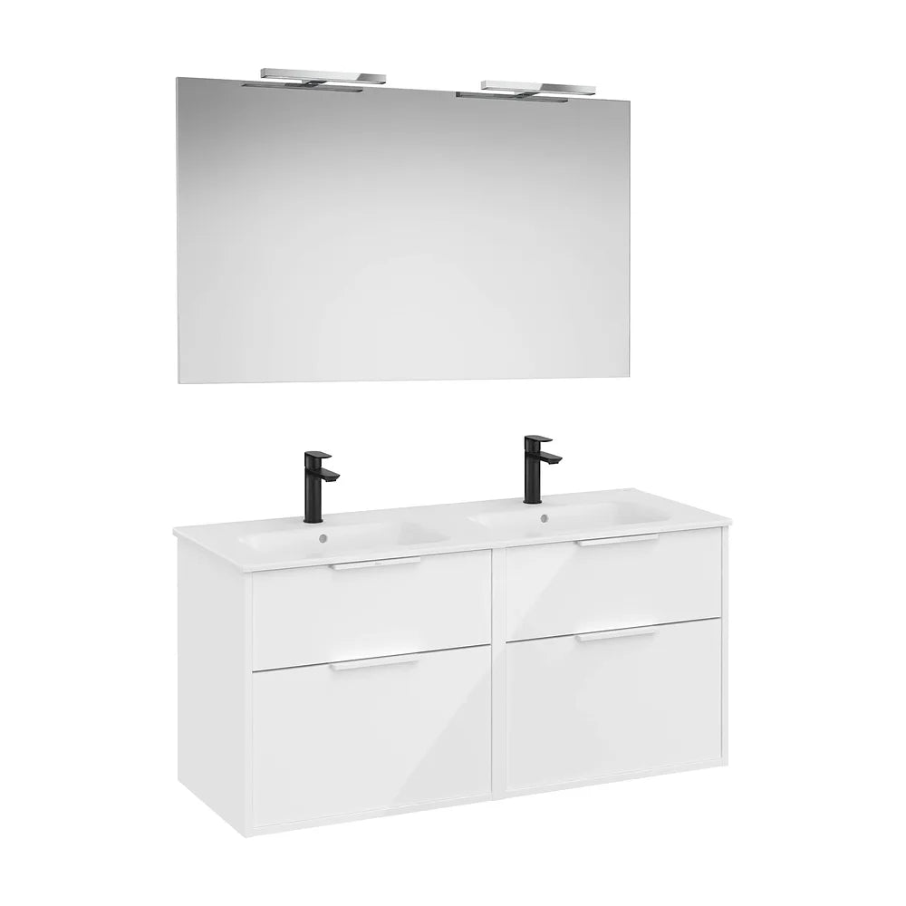 Pack mueble base cuatro cajones lavabo doble porcelana espejo led 120x46x58 cm Roca - Vista 2