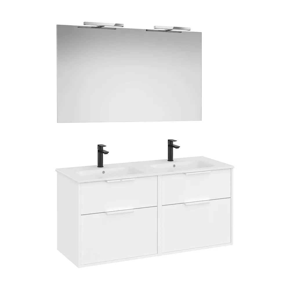 Pack mueble base cuatro cajones lavabo doble porcelana espejo led aplique Starlight Roca - Vista 2