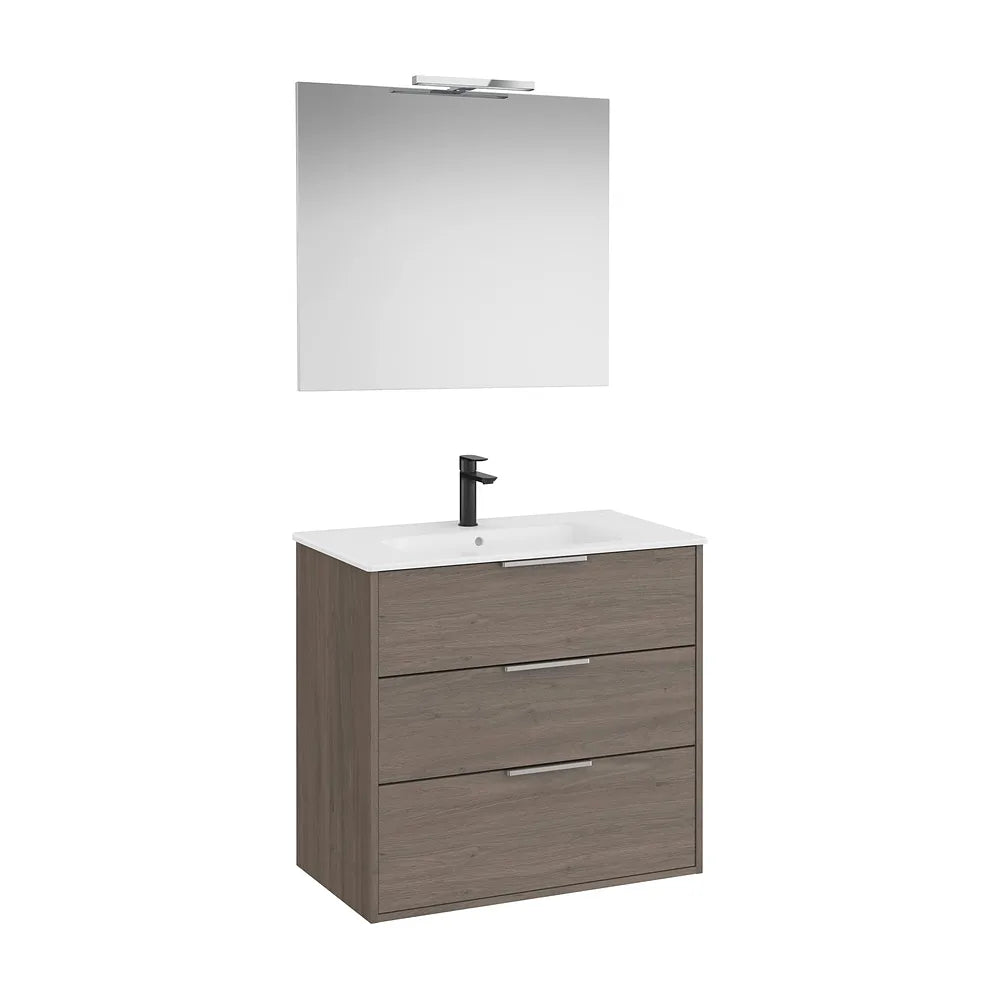 Pack mueble base compacto tres cajones lavabo porcelana espejo aplique led Starlight Roca - Vista 2
