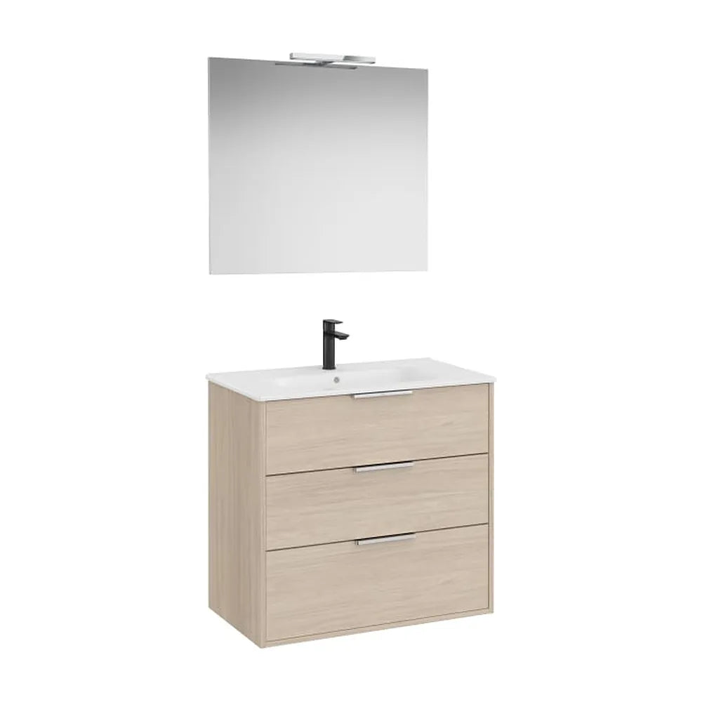 Pack mueble base compacto tres cajones lavabo porcelana espejo aplique led Roca - Vista 1