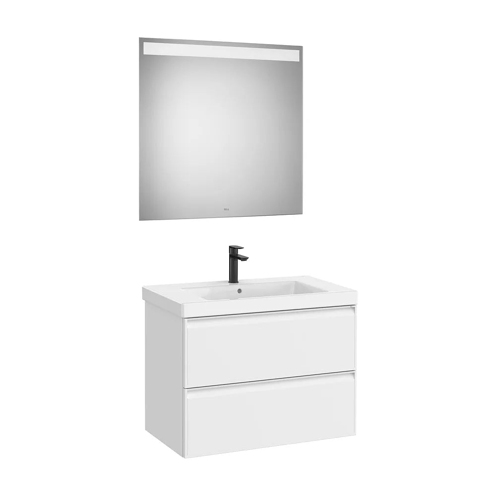 Pack mueble base dos cajones lavabo Fineceramic espejo LED Eidos 80x46x62 cm Roca - Vista 2
