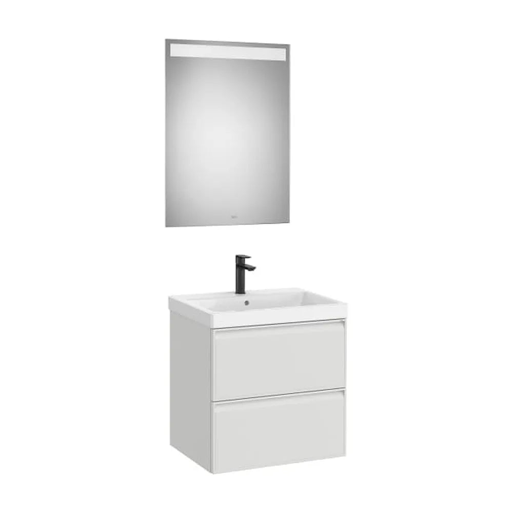 Pack mueble base dos cajones lavabo Fineceramic espejo LED Eidos 60x46x62 cm Roca - Vista 1