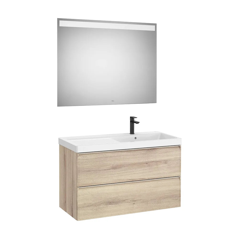 Pack mueble base dos cajones lavabo Fineceramic derecha espejo LED 100x46x62 cm Roca - Vista 2