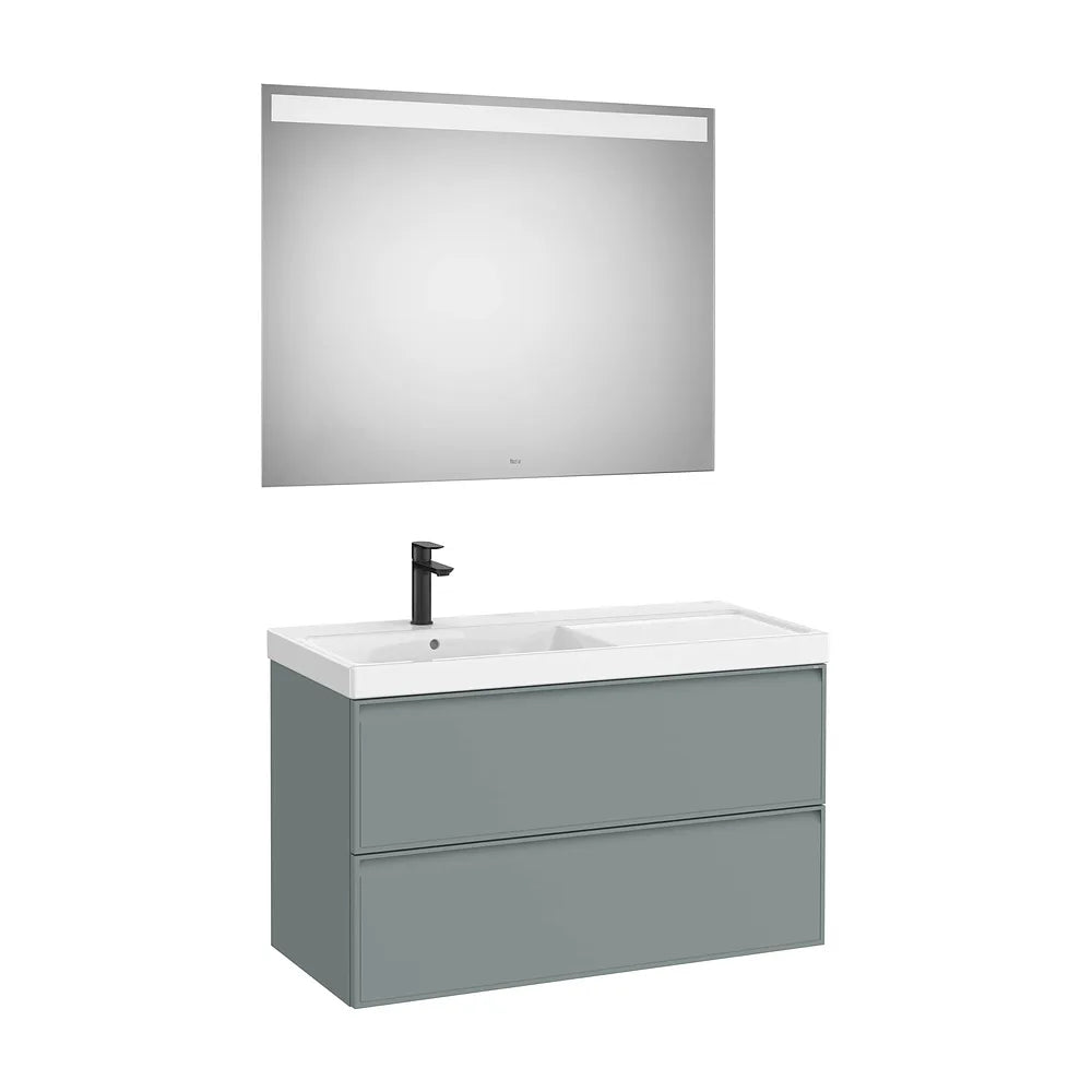Pack mueble base dos cajones lavabo Fineceramic izquierda espejo LED 100x46x62 cm Roca - Vista 2